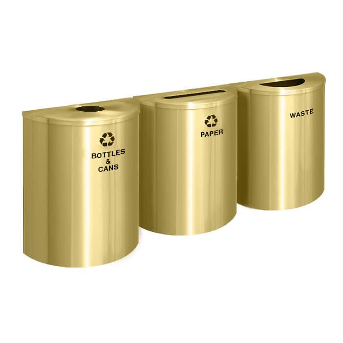 Glaro 29-Gallon Triple Stream Half-Round Trash Can & Recycling Station in Satin Brass