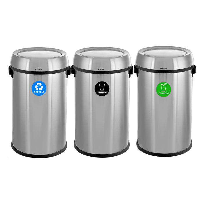 Alpine Stainless Steel Triple Stream Trash Can with Swivel Lid – 17 Gallon Indoor Waste Bin