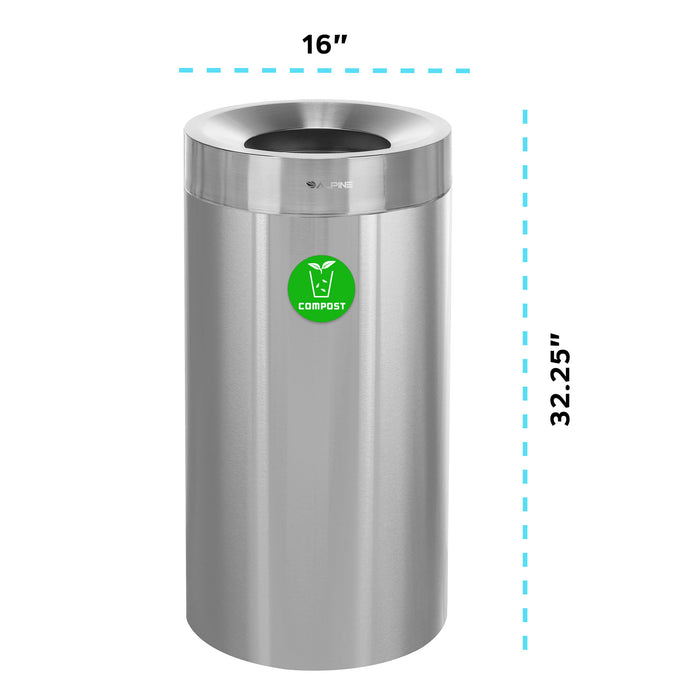 Alpine Open Top Stainless Steel Trash Receptacle, Single, 27 Gallon