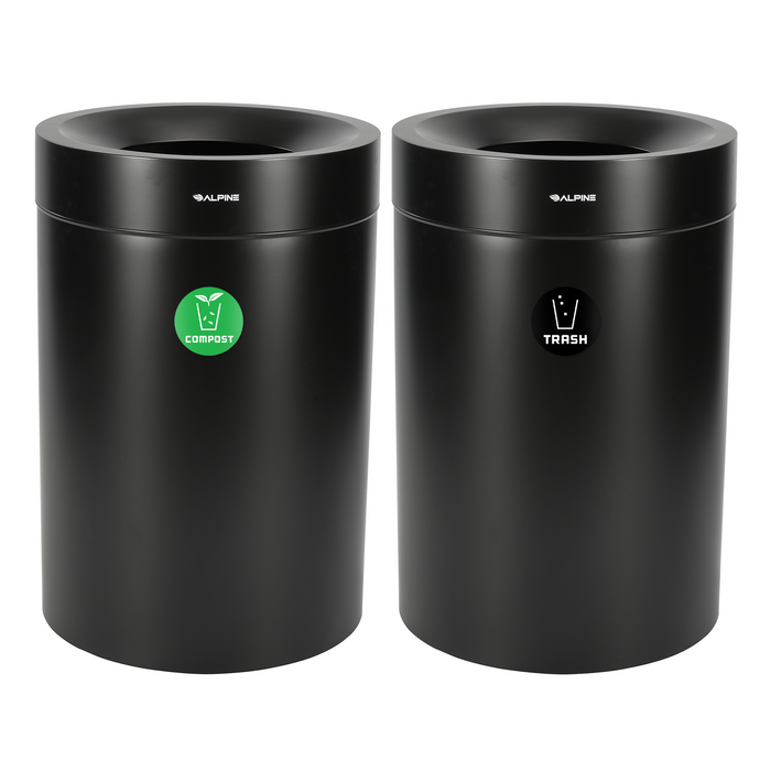 Alpine 50-Gallon Dual Trash Can with Open Top – Matte Black Commercial Waste & Recycling Bin