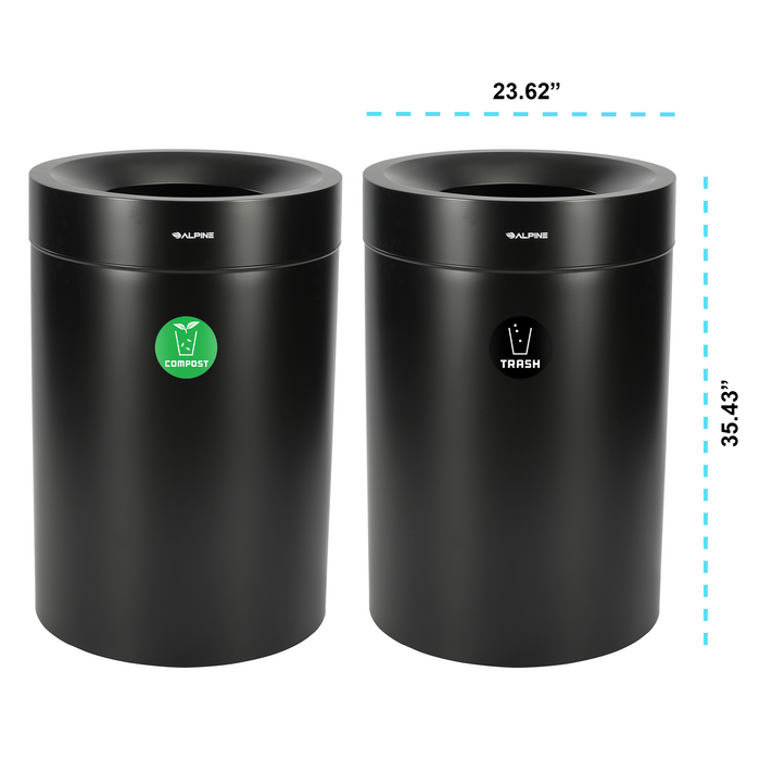 Alpine 50-Gallon Dual Trash Can with Open Top – Matte Black Commercial Waste & Recycling Bin