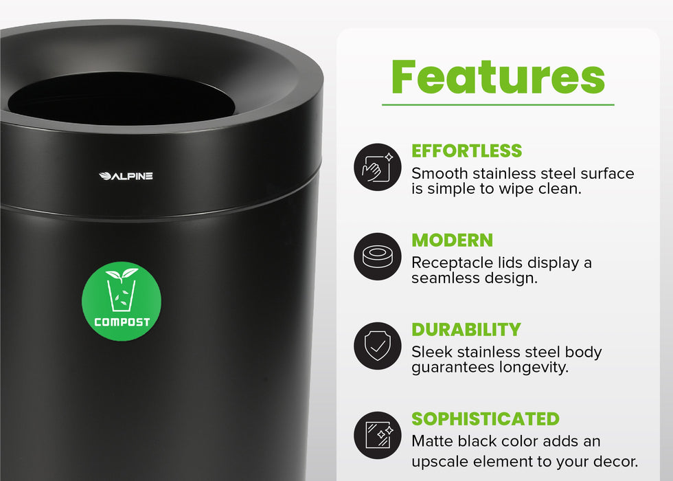 Alpine 50-Gallon Open Top Matte Black Trash Can - Commercial Indoor Waste Bin