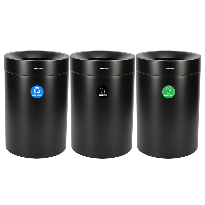 Alpine 50-Gallon Triple Trash Can – Open Top Matte Black Recycling, Trash, & Compost Bin Station