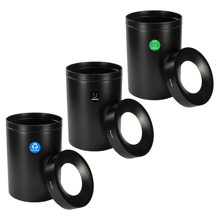 Alpine 50-Gallon Triple Trash Can – Open Top Matte Black Recycling, Trash, & Compost Bin Station