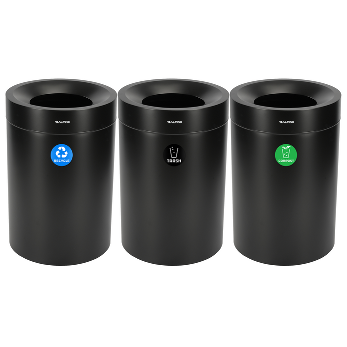 Alpine 50-Gallon Triple Trash Can – Open Top Matte Black Recycling, Trash, & Compost Bin Station