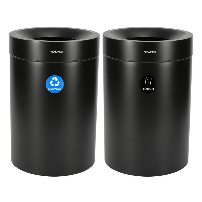 Alpine 50-Gallon Dual Trash Can with Open Top – Matte Black Commercial Waste & Recycling Bin