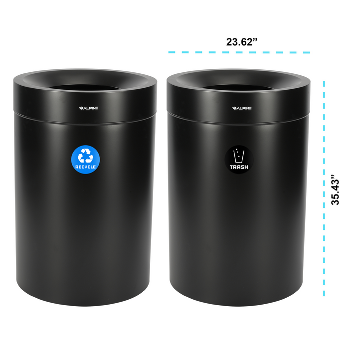 Alpine 50-Gallon Dual Trash Can with Open Top – Matte Black Commercial Waste & Recycling Bin