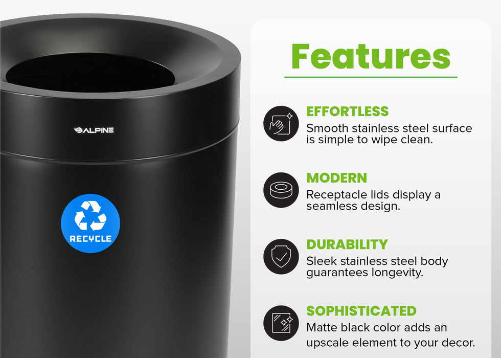 Alpine 50-Gallon Open Top Matte Black Trash Can - Commercial Indoor Waste Bin
