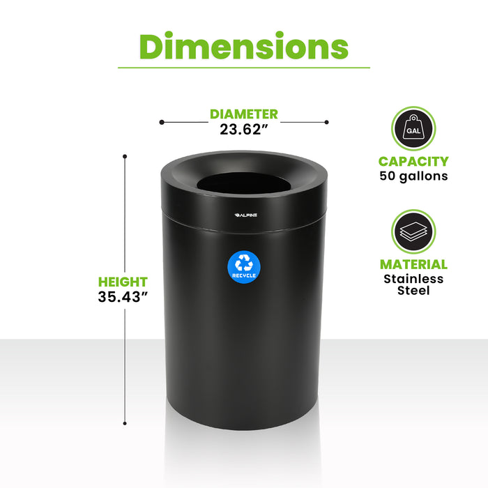 Alpine 50-Gallon Open Top Matte Black Trash Can - Commercial Indoor Waste Bin