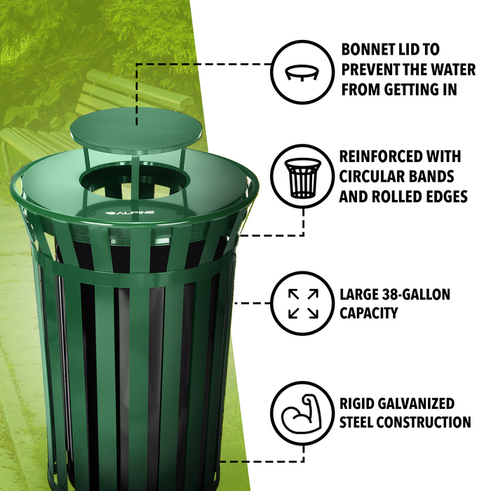 Alpine Outdoor Metal Waste Trash Can w/ Lid, 38 Gallon