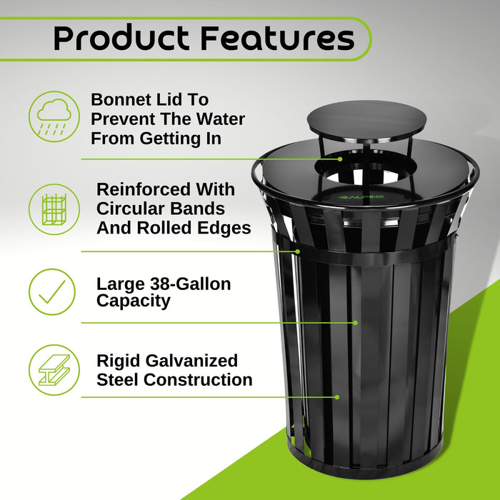Alpine Outdoor Metal Waste Trash Can w/ Lid, 38 Gallon