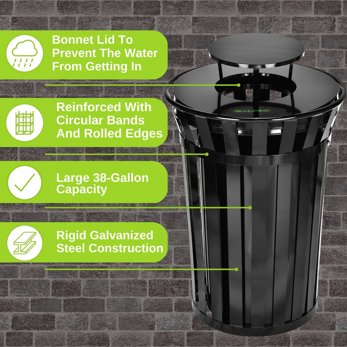 Alpine Outdoor Metal Waste Trash Can w/ Lid, 38 Gallon