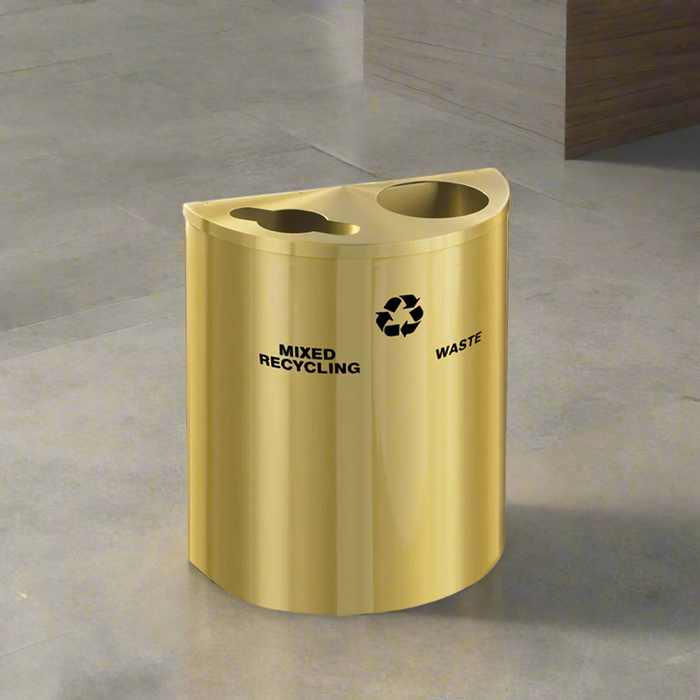 Glaro 29-Gallon Dual-Stream Half-Round Commercial Trash Can in Satin Brass