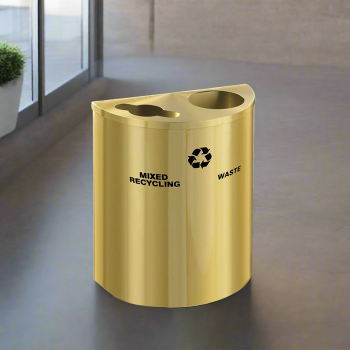 Glaro 29-Gallon Dual-Stream Half-Round Commercial Trash Can in Satin Brass