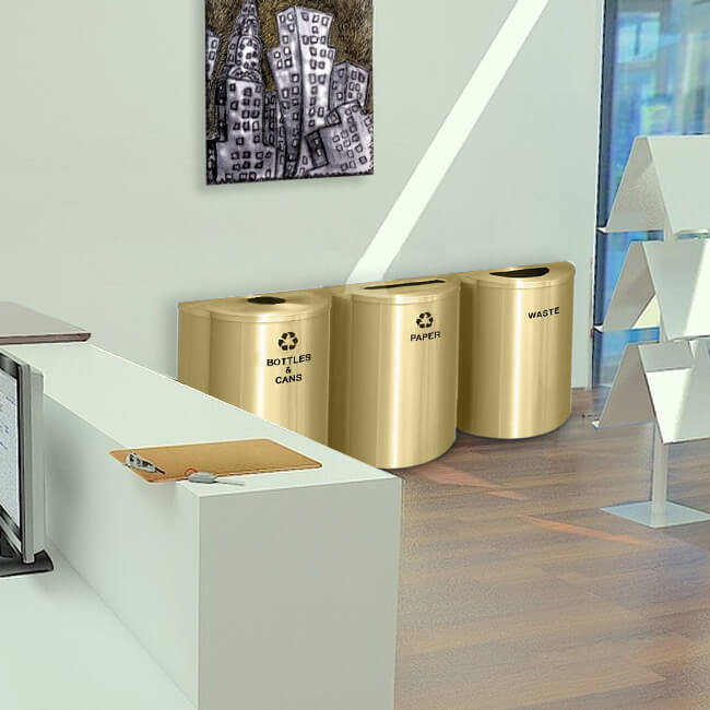 Glaro 29-Gallon Triple Stream  Half-Round Trash Can & Recycling Station in Satin Brass