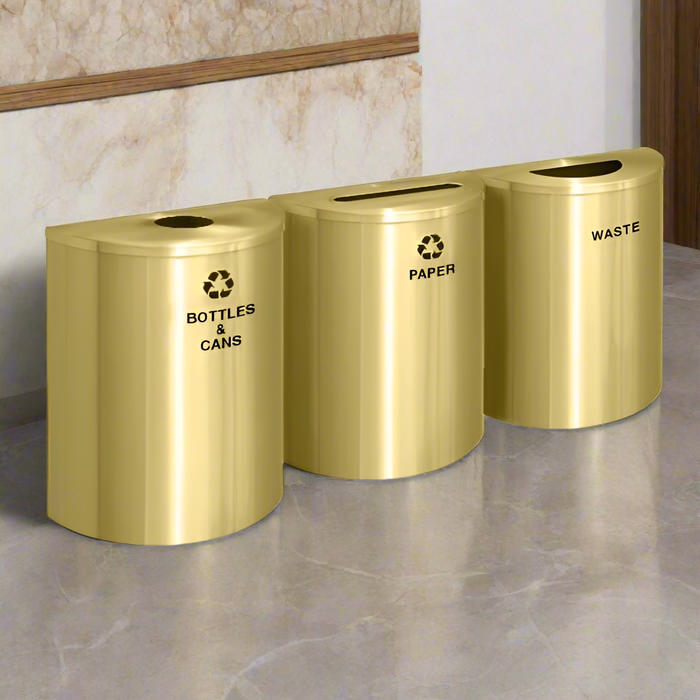 Glaro 29-Gallon Triple Stream  Half-Round Trash Can & Recycling Station in Satin Brass