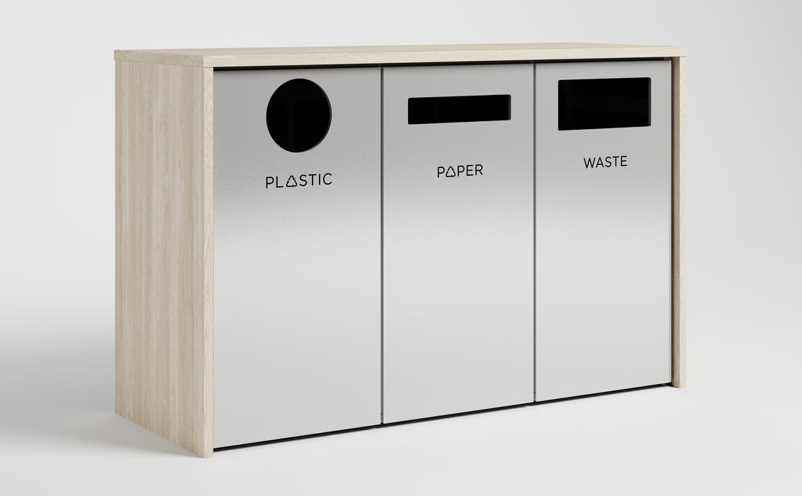 Nevins Laminate Full Wrap Triple Stream Trash Can – 3-Bin Waste & Recycling Station