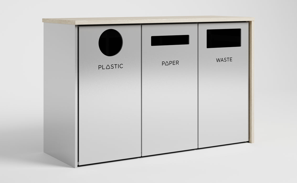 Nevins Laminate Partial Wrap Triple Stream Trash Can – Commercial Waste & Recycling Station