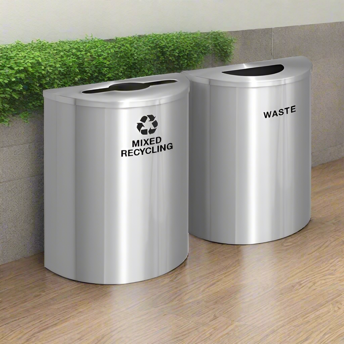 Glaro 29 Gallon Dual Trash Can & Recycling Station in Satin Aluminum – Half-Round
