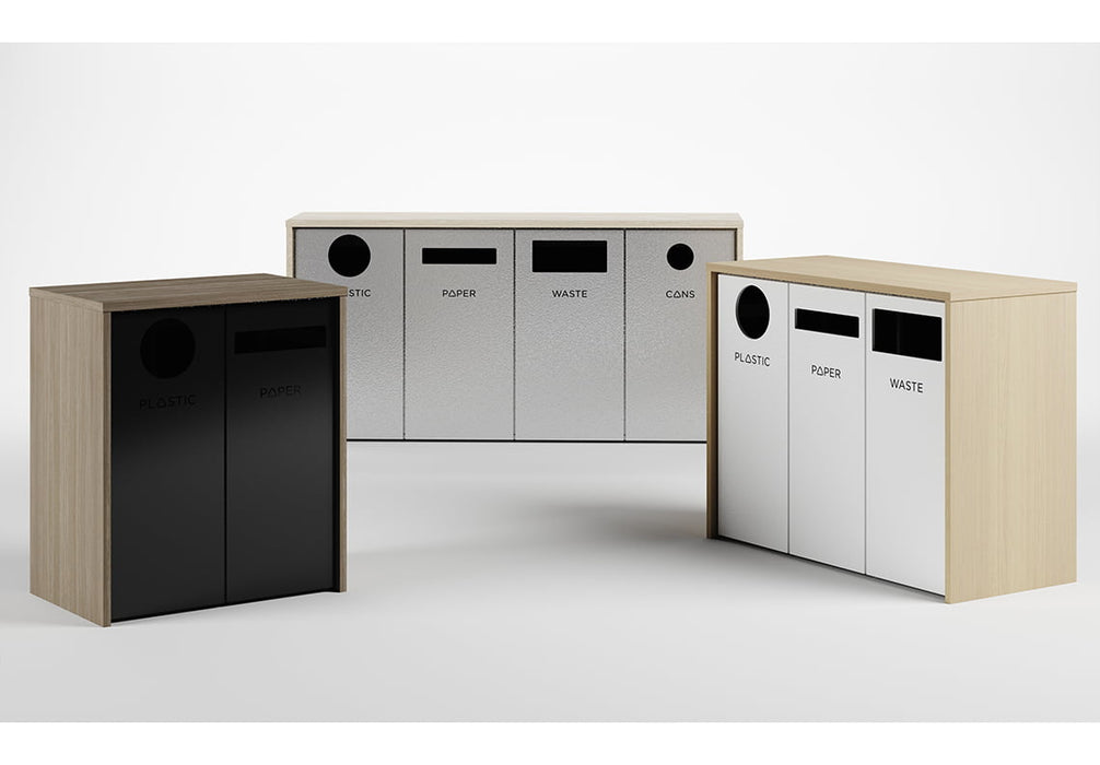 Nevins Laminate Partial Wrap Triple Stream Trash Can – Commercial Waste & Recycling Station