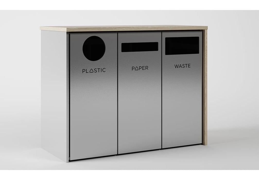 Nevins Laminate Partial Wrap Triple Stream Trash Can – Commercial Waste & Recycling Station