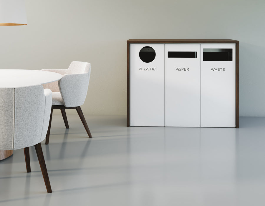 Nevins Laminate Full Wrap Triple Stream Trash Can – 3-Bin Waste & Recycling Station